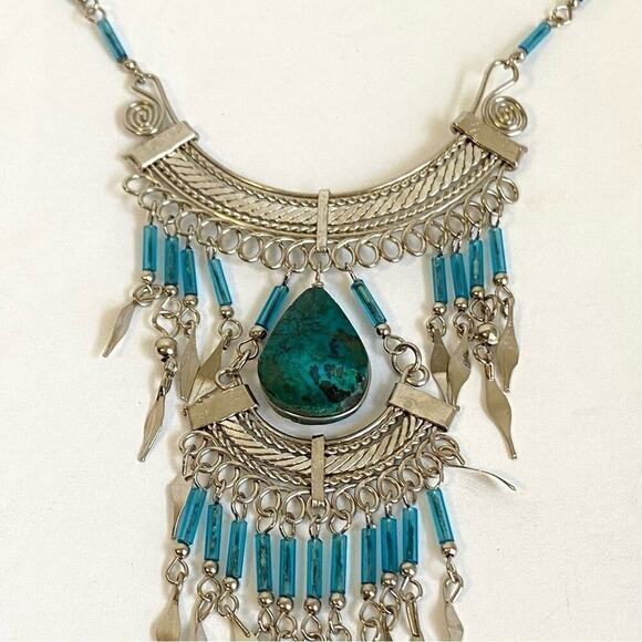 Vintage Boho Turquoise Beaded Necklace Layered Silver Fringe Peruvian 70s Hippie - Picture 5 of 12